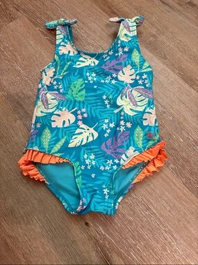 Ruffle Butts Teal Tropical One-Piece Swimsuit with Orange Ruffle